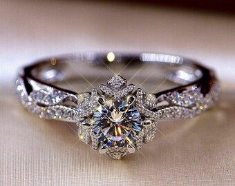 Round Moissanite Diamond Snowflake Ring, Wedding Bridal Ring, Engagement Proposal Ring, Woman's Promise Ring, Milgrain Ring,Anniversary Gift