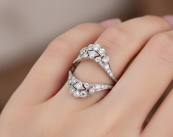 Art Deco Enhancer Band, Round Cut Moissanite Diamond Wedding Band, Retro Style Wrap Guard Band, Antique Engagement Band, Open Band Ring