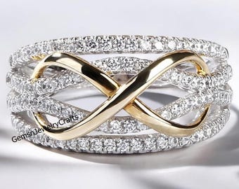 Infinity Knot Ring, Round Cut Moissanite Diamond Ring, Two Tone Engagement Ring, 925 Silver Wedding Ring, Unique Promise Ring For Women