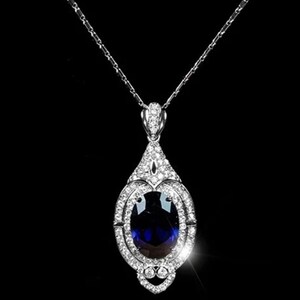 Sapphire Wedding Pendant, Art Deco Gemstone Pendant, Blue Oval Cut CZ Stone Pendant, White Gold Wedding Pendant, Anniversary Gift Pendant