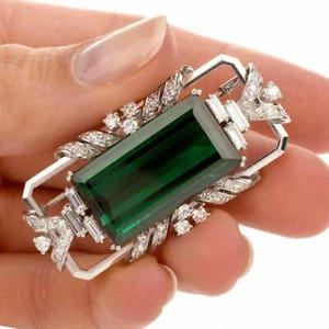 Green Emerald Cut CZ Stone Wedding Brooch, May Birthstone Brooch, Antique Engagement Gift Brooch, Art Deco Retro Style Brooch, Birthday Gift