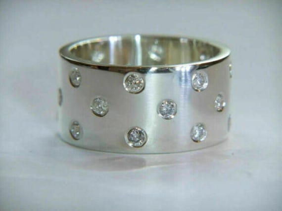 Flush Set Cigar Band, Full Eternity Wide Band Ring, Round Moissanite Diamond Wedding Band, Women's White Gold Band, Engagement Band For Her