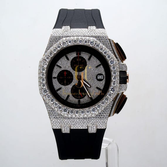 18.25CT Certified VVS Round Moissanite Diamond Watch, Unique Full Diamond Round Dial Men's Wrist Watch, Black Silicone Strap Watch For Him