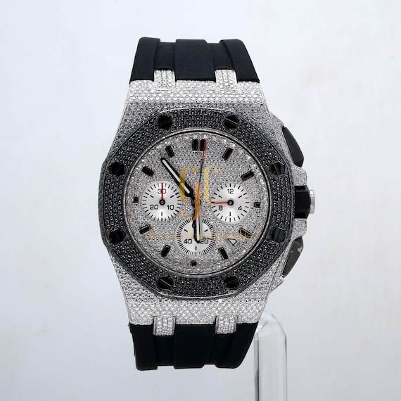 Certified 13.75CT VVS Black & White Round Moissanite Diamond Watch, Party Wear Black Silicone Band Watch, Birthday Gift Watch For Him