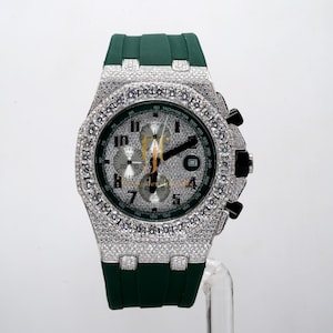 15.65CT VVS Round Moissanite Diamond Men's Wrist Watch, Green Silicon Strap Watch For Him, Daily Wear Watch, Custom Made Round Dial Watch