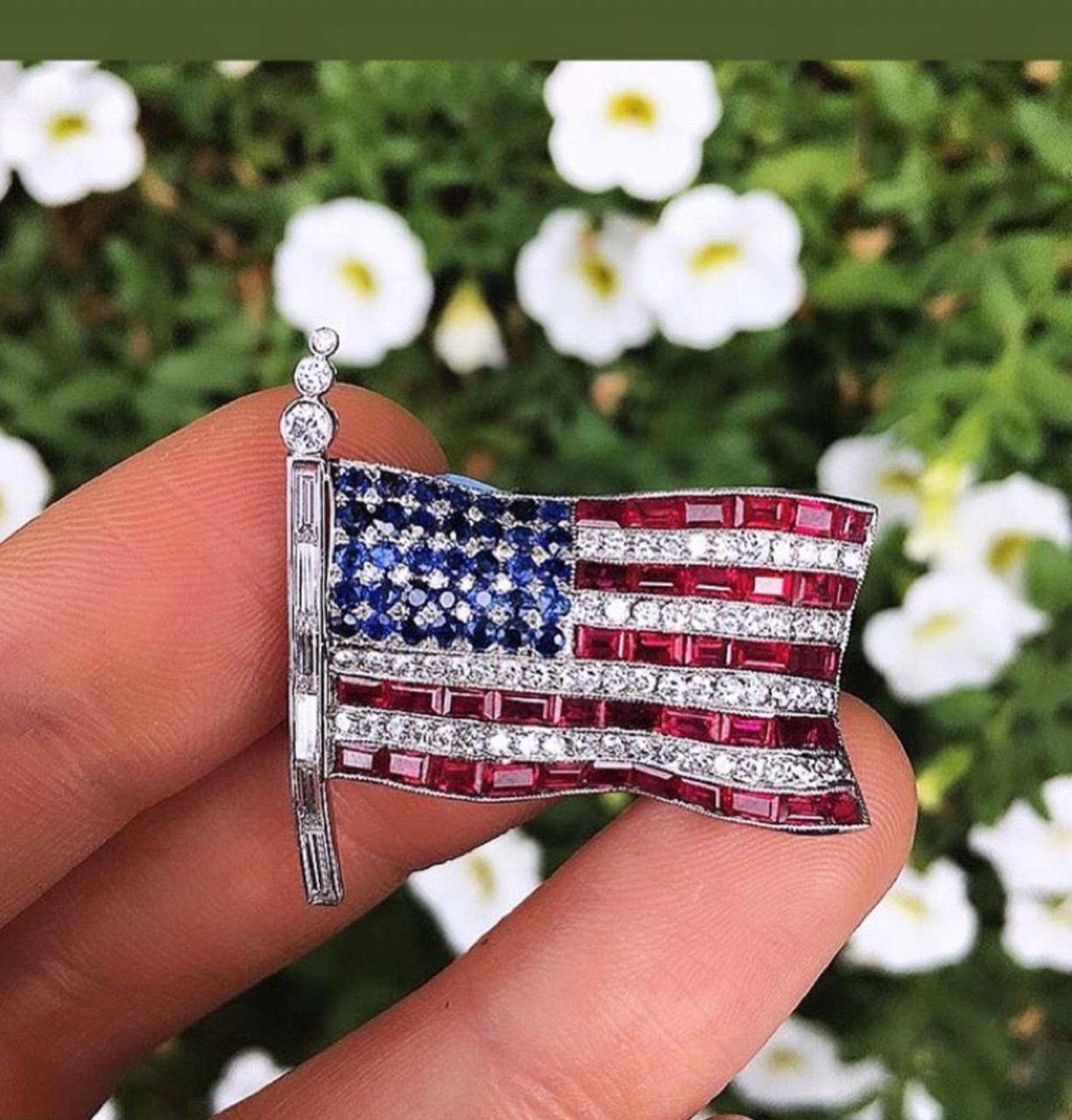 Ruby Stone Brooch U.S.A National Flag Pin Brooch, American Flag Brooch, Sapphire & Ruby ...