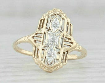 Three Stone Wedding Ring, Round Cut Moissanite Diamond Engagement Ring, Yellow Gold Filigree Ring, Art Deco Ring For Women, Anniversary Gift