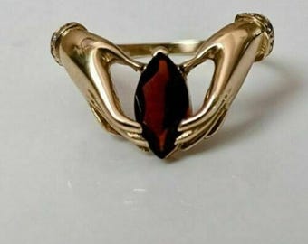 Red Garnet Marquise Cut CZ Stone Claddagh Ring, Hand Holding Wedding Ring, Engagement Anniversary Gift Ring, Gemstone Ring, Proposal Ring