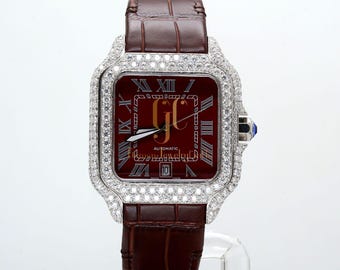7.52CT VVS Round Moissanite Diamond Men's Wrist Watch, Leather Strap Watch, Fancy Square Dial Birthday Gift Watch For Him