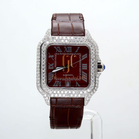 7.52CT VVS Round Moissanite Diamond Men's Wrist Watch, Leather Strap Watch, Fancy Square Dial Birthday Gift Watch For Him