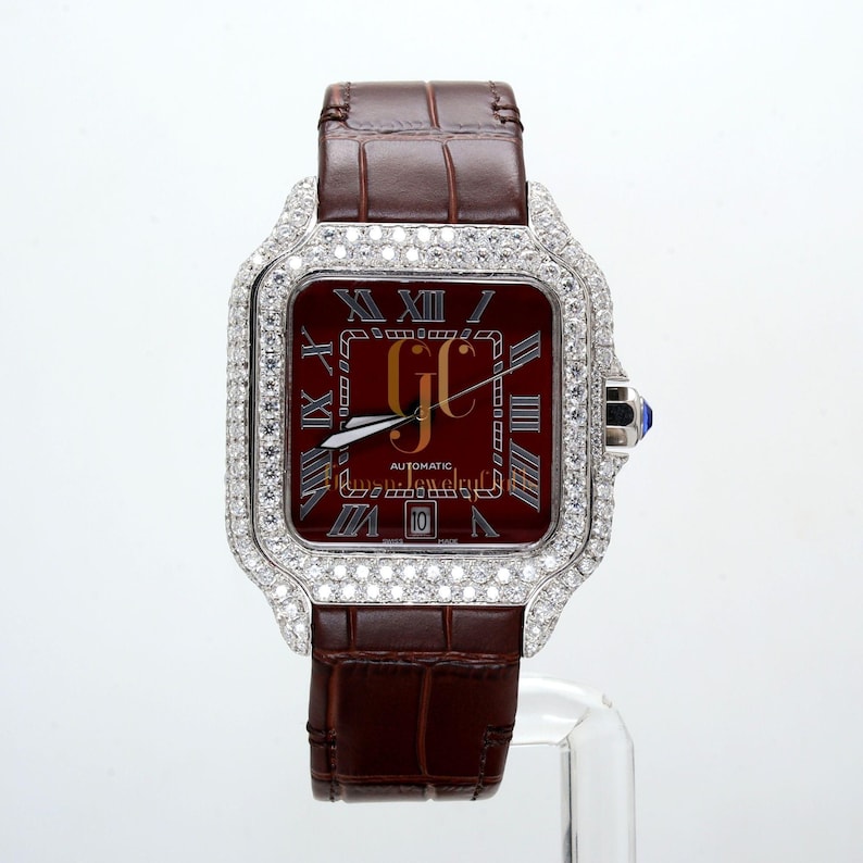 7.52CT VVS Round Moissanite Diamond Men's Wrist Watch, Leather Strap Watch, Fancy Square Dial Birthday Gift Watch For Him Brown Leather Strap