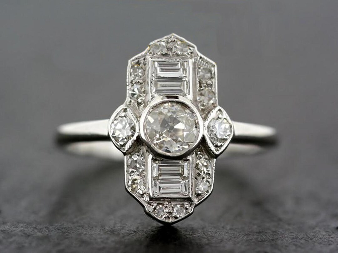 Antique Art Deco Engagement Ring, Bezel Set Old European &amp; Baguette Cut ...