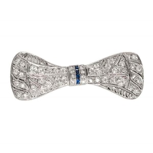 Art Deco Bow Inspire Brooch, Round With Sapphire Princess Cut CZ STone Brooch, Antique Vintage Inspire Brooch, Woman&#39;s Retro Wedding Brooch