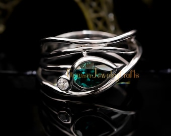 Unique Handmade Bezel Set Nature Inspired Engagement Ring, Green Pear & Round Cut Moissanite Two Stone Ring, Solitaire Twig Twist Gift Ring