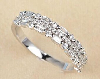 Three Row Diamond Band, Baguette & Round Moissanite Wedding Band, Half Eternity Engagement Band, Birthday Gift For Her, Dot Dash Band Ring