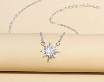 Dainty Sunburst Pendant Necklace, Round Moissanite Diamond Wedding Necklace, Delicate Jewelry, Celestial Gift for Her, Sun Charm Necklace