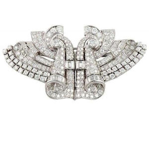 Circa 1930&#39;s Edwardian Style Brooch, Art Deco Double Clip Brooch, Round With Baguette Cut CZ Stone Brooch, Antique Wedding Brooch For Women