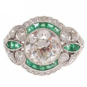 Old European & Green Fancy Cut CZ Stone Edwardian Ring, Art Deco Wedding Ring, Milgrain Filigree Ring, Antique Gemstone Engagement Ring