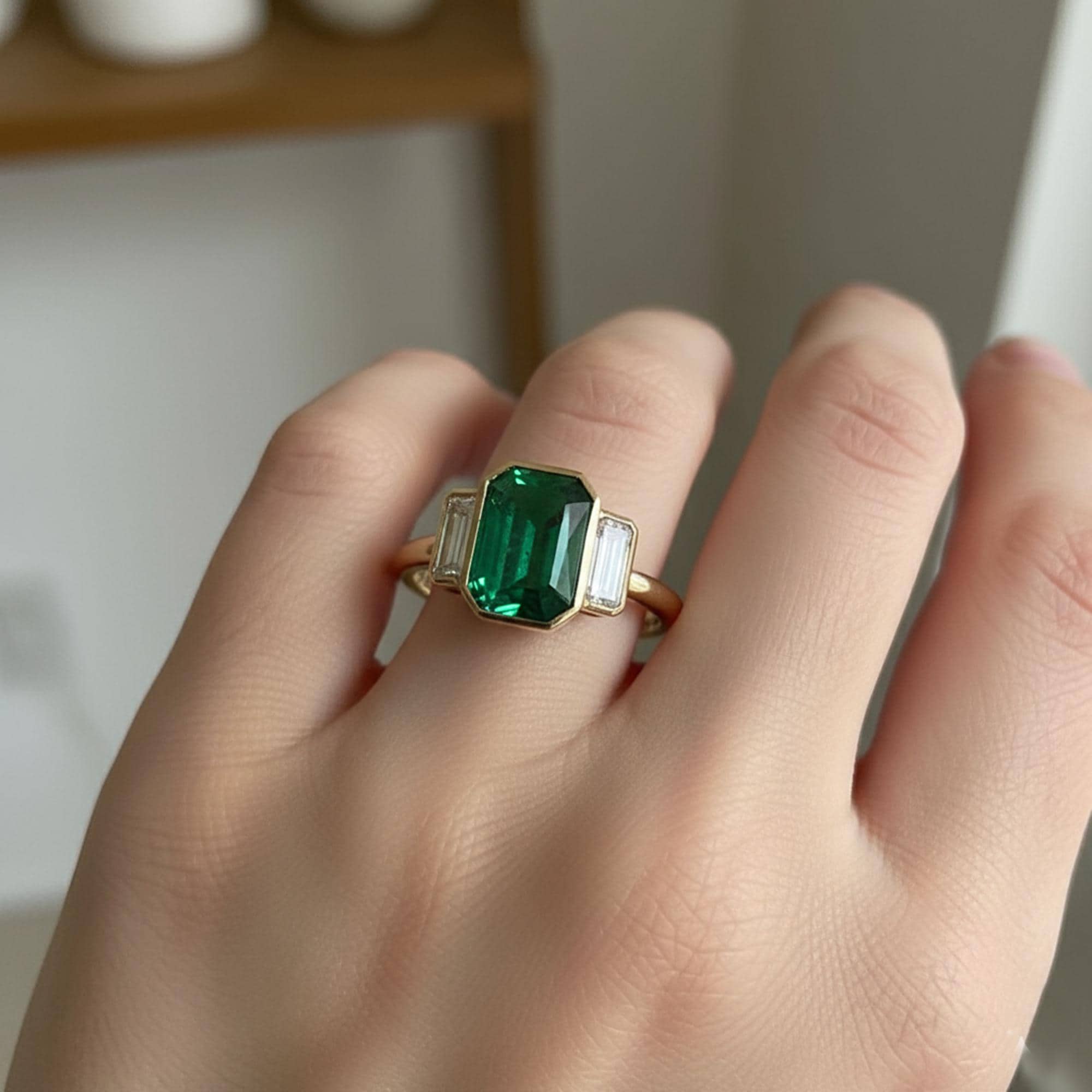 グリーン＆ホワイトエメラルドカットCZストーン結婚指輪、ベゼルセット