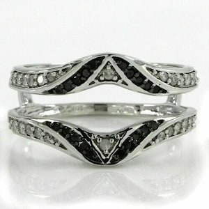 Black & White Round Moissanite Diamond Enhancer Band, Curved Enhancer Guard Band, 14K White Gold Wedding Band, Engagement Band Ring For Her