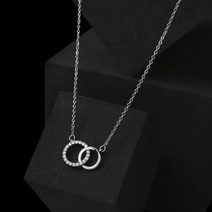 Double Circle Chain Necklace, Round Moissanite Diamond Interlocking Circle Necklace, 925 Silver Open Circle Necklace, Wedding Gift Necklace