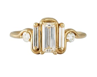 Baguette & Round Cut CZ Stone Band, Wave Inspire Ring For Women, Five Stone Engagement Ring, Yellow Gold Wavy Ring, Wedding Proposal Ring