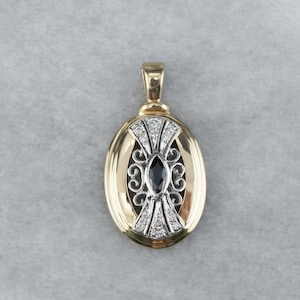 Antique Filigree Pendant, Blue Marquise & Round Cut CZ Stone Wedding Pendant, Art Deco Vintage Inspire Pendant, Two Tone Gold Retro Pendant