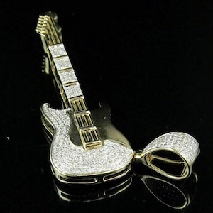 Two Tone Guitar Pendant, Round Moissanite Diamond Music Charm Pendant, Music Lover Pendant For Him/Her, Wedding Pendant, Rock Star Jewelry