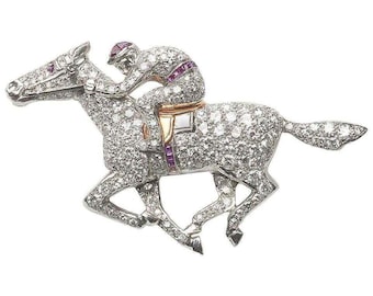 Two Tone Horse & Jockey Brooch, Round With Pink Ruby Baguette Cut CZ Stone Brooch, Antique Horse Brooch, 925 Silver Animal Inspire Brooch