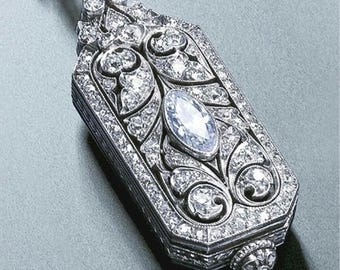 Circa 1910's Art Deco Necklace, Vintage Look Openable Locket Necklace, Marquise & Round Moissanite Diamond Necklace,Antique Pendant Necklace
