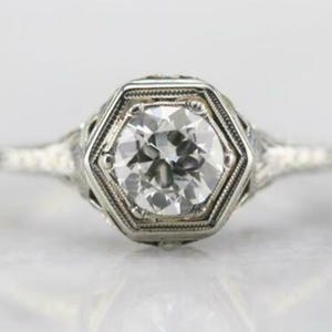 Vintage Inspire Solitaire Ring, Round Cut Moissanite Diamond Wedding Ring, Antique Filigree Ring, Hexagon Shape Art Deco Ring, Birthday Gift