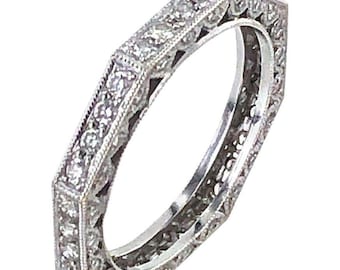 Octagon Shape Art Deco Band, Round Moissanite Diamond Wedding Band, Women's Milgrain Set Full Eternity Band, Antique Engagement Band For Her