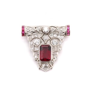 Vintage Inspire Ruby Gemstone Brooch, Antique Filigree Openwork Brooch, Multi Shape CZ Stone Art Deco Brooch, Bezel Set Retro Style Brooch