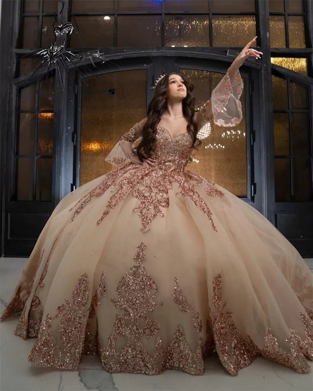 Rose Gold Sequin Quinceanera Dress 2024 Sweetheart Neckline Etsy
