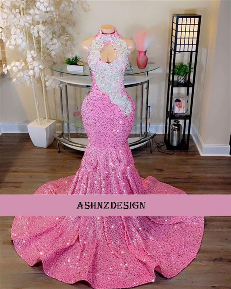 Pink Sequin Prom Dress 2024 Silver Crystal Beaded Long Etsy