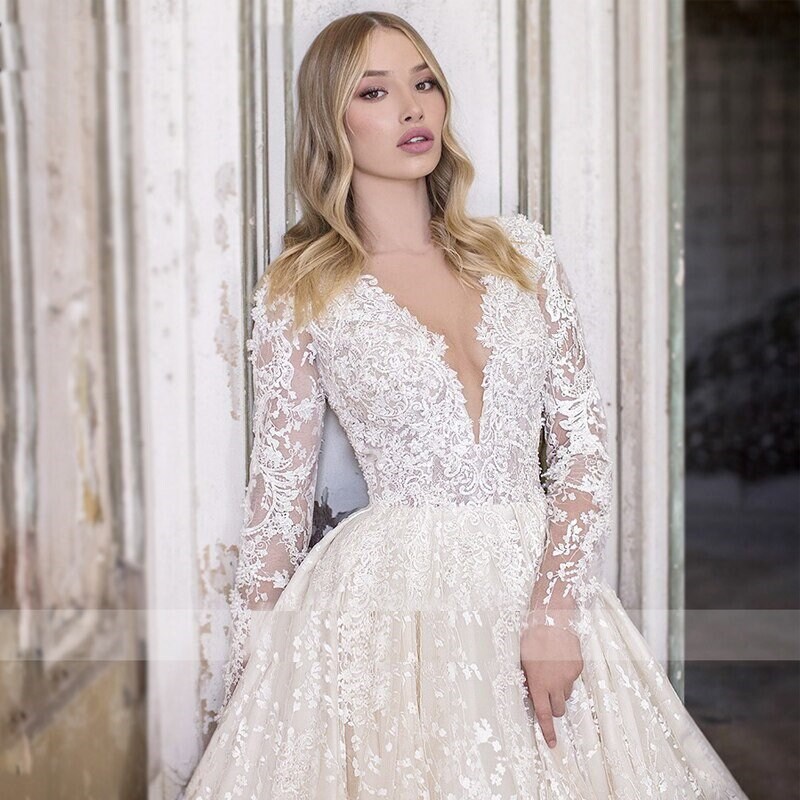 V-neck A-line Lace Wedding Dress Elegant Applique Long - Etsy