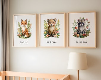 May include: Three framed prints with watercolor illustrations of a fox, a raccoon, and a fox cub. Each print has a different message: "be kind", "be brave", and "be happy".