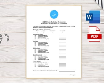May include: A white sheet of paper with a conference evaluation form. The form asks for feedback on different topics, including social media platforms, advertising, SEO strategies, brand management, and content marketing. The form includes a rating scale from poor to excellent.