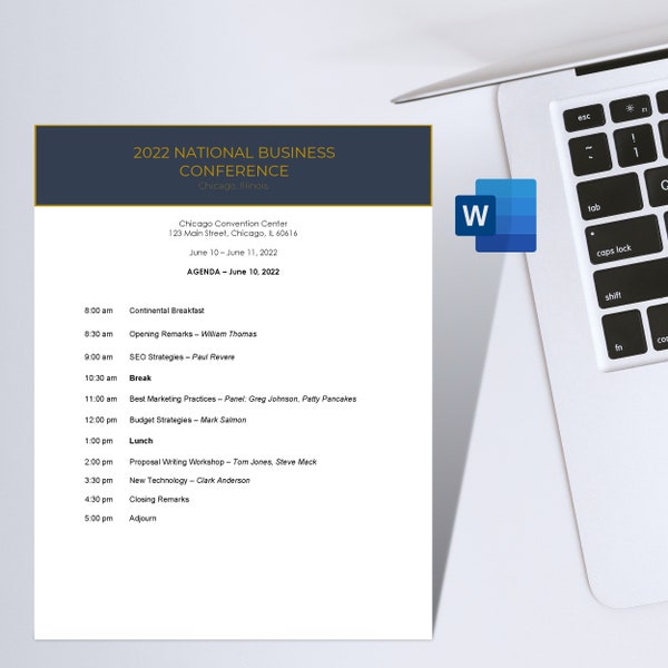 Professional Meeting Agenda Template - Editable Printable Business Conference Training Seminar Retreat Event - MS Word, Google Docs Download