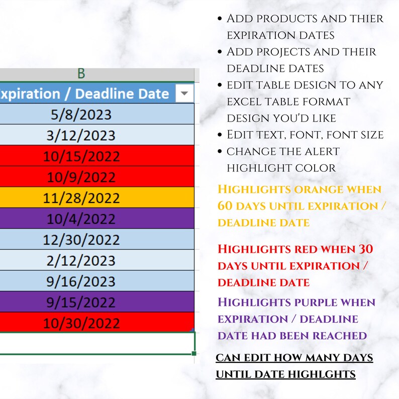 Deadline Tracker Expiration Tracker Spreadsheet Alerts and Highlights