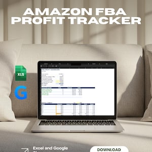 May include: A laptop displaying an Amazon FBA Profit Tracker spreadsheet with columns for revenue, fees, and profit. The screen shows monthly summaries and product data. Icons for Excel and Google Sheets are visible, with a Download Now button.