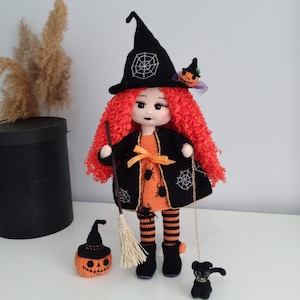 Crochet Witch Amigurumi Doll: Handmade Halloween Decor with Cat & Pumpkin