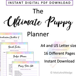 May include: A digital printable planner for puppy owners. The planner includes sections for socialisation checklists, growth tracking, budgeting, and puppy sitter information. The planner is available in A4 and US Letter sizes and includes 16 different pages. The planner has a colourful design with paw prints and a rainbow background.