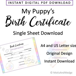 Puppy geboorteakte - Rainbow - Instant digitale afdrukbare download