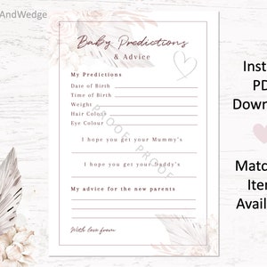 Carte di previsione e consigli per baby shower - Bellissimo floreale Boho - Download stampabile digitale istantaneo - A4/A5 e metà formato lettera USA