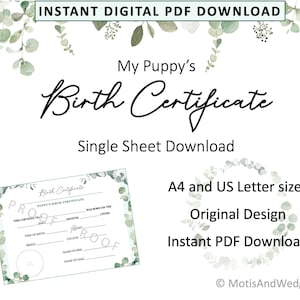 Welpe Geburtsurkunde - Eukalyptus - Sofortiger digitaler druckbarer Download