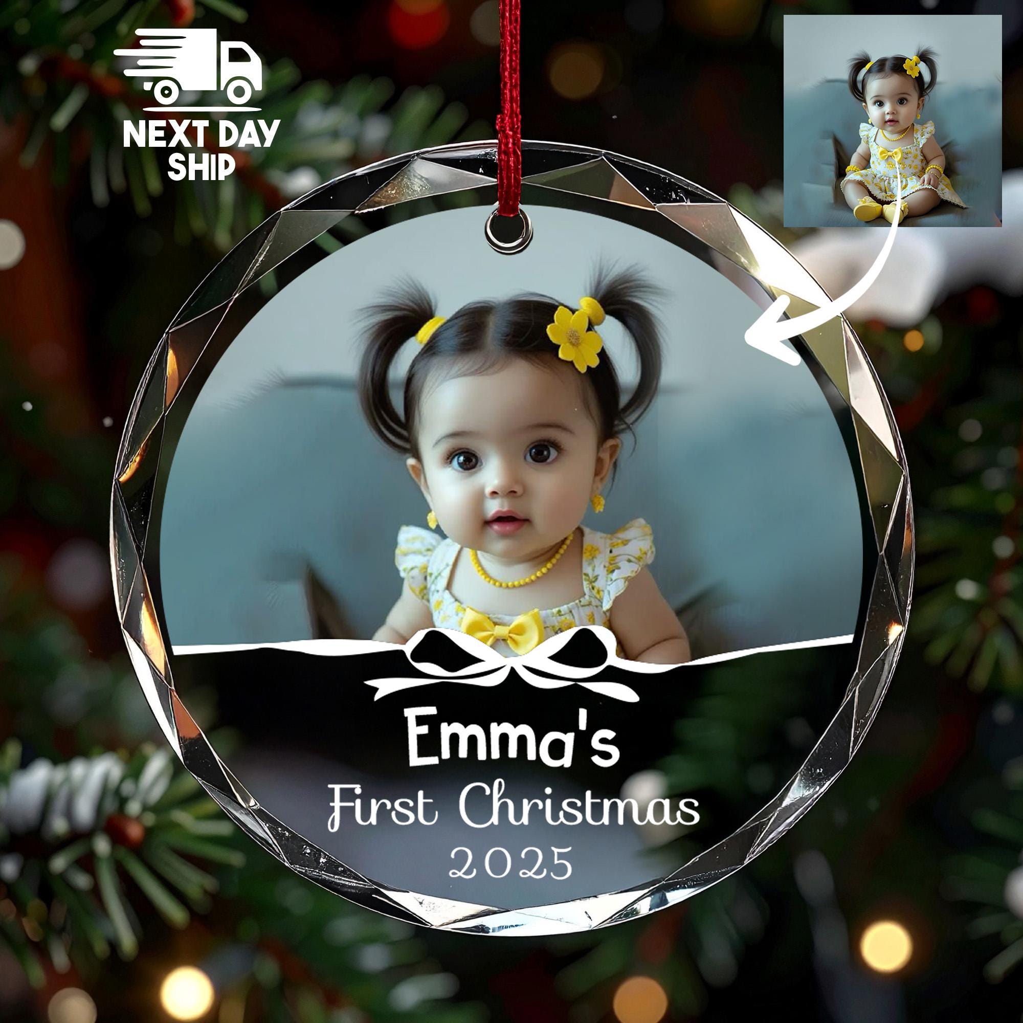 Baby's First Christmas 2026 Ornament, Personalized Baby Photo Keepsake, Custom Name 1st Xmas Gift, Glass Ceramic Acrylic Decor