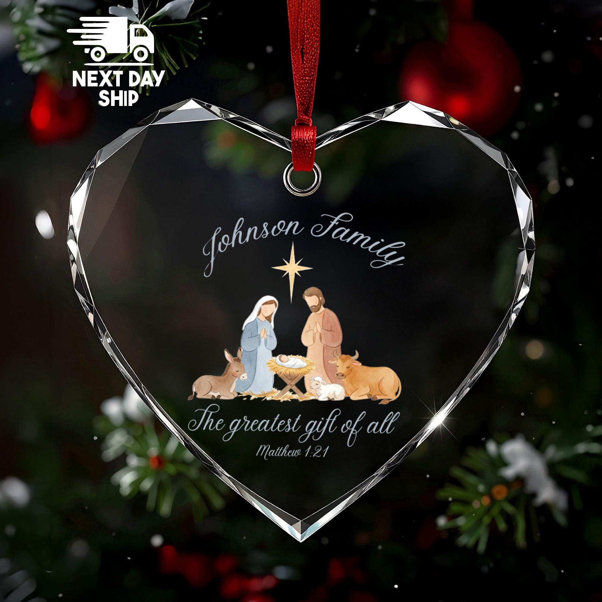 Personalized Nativity Ornament, Custom Family Name, 'The Greatest Gift of All', Religious Christmas Keepsake, Glass Ceramic Acrylic Decor