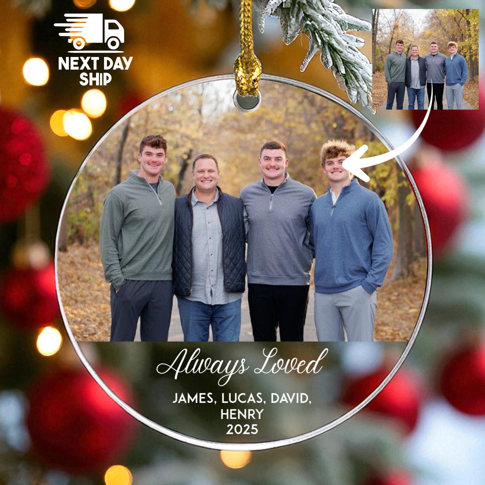 Personalized Family Photo Ornament, 'Always Loved' Keepsake with Custom Names, Glass Ceramic Acrylic, Christmas 2025 Memorial Gift