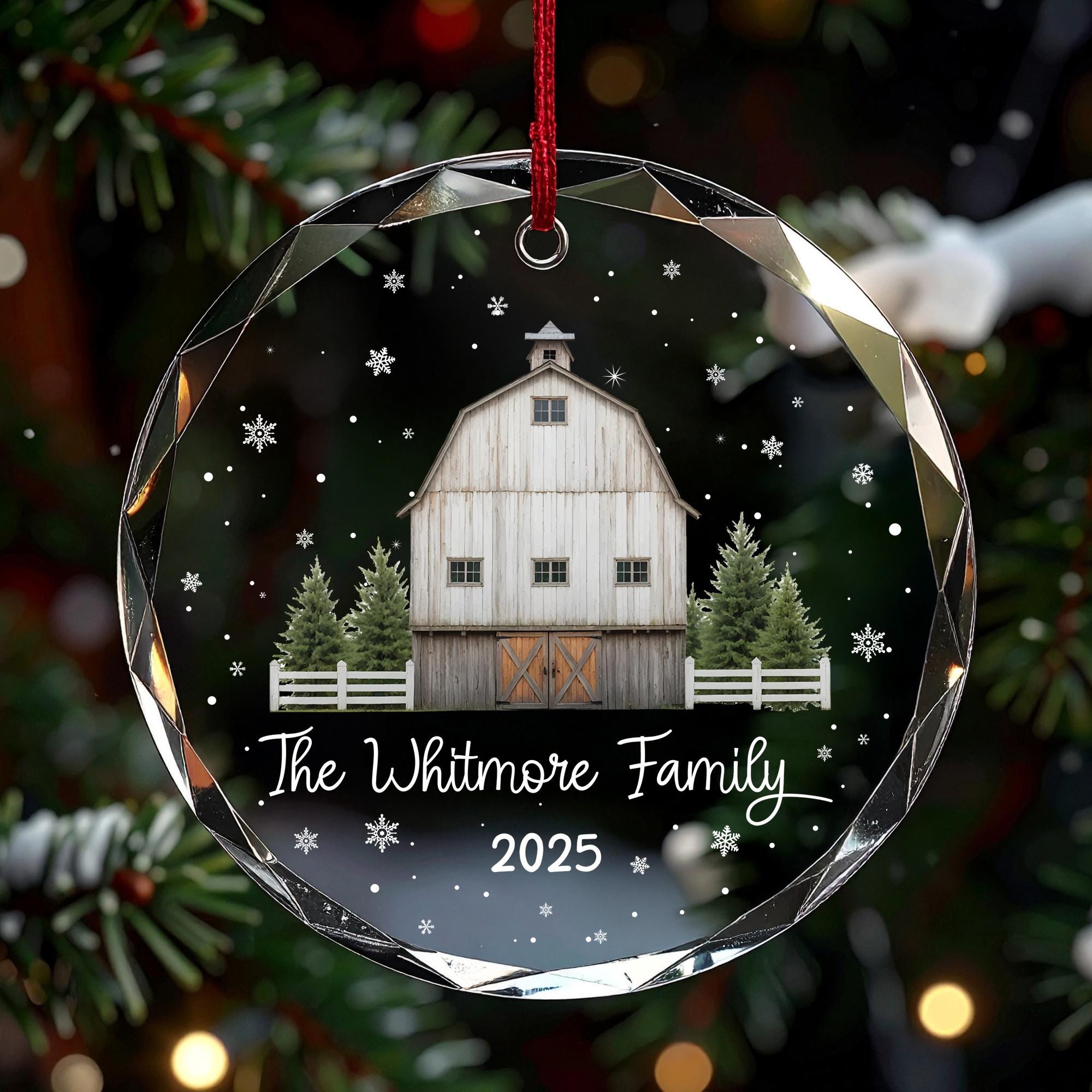Personalized Farmhouse Family Ornament 2025, Rustic White Barn Decor, Custom Family Name Keepsake, Country Christmas, Glass Ceramic Acrylic
